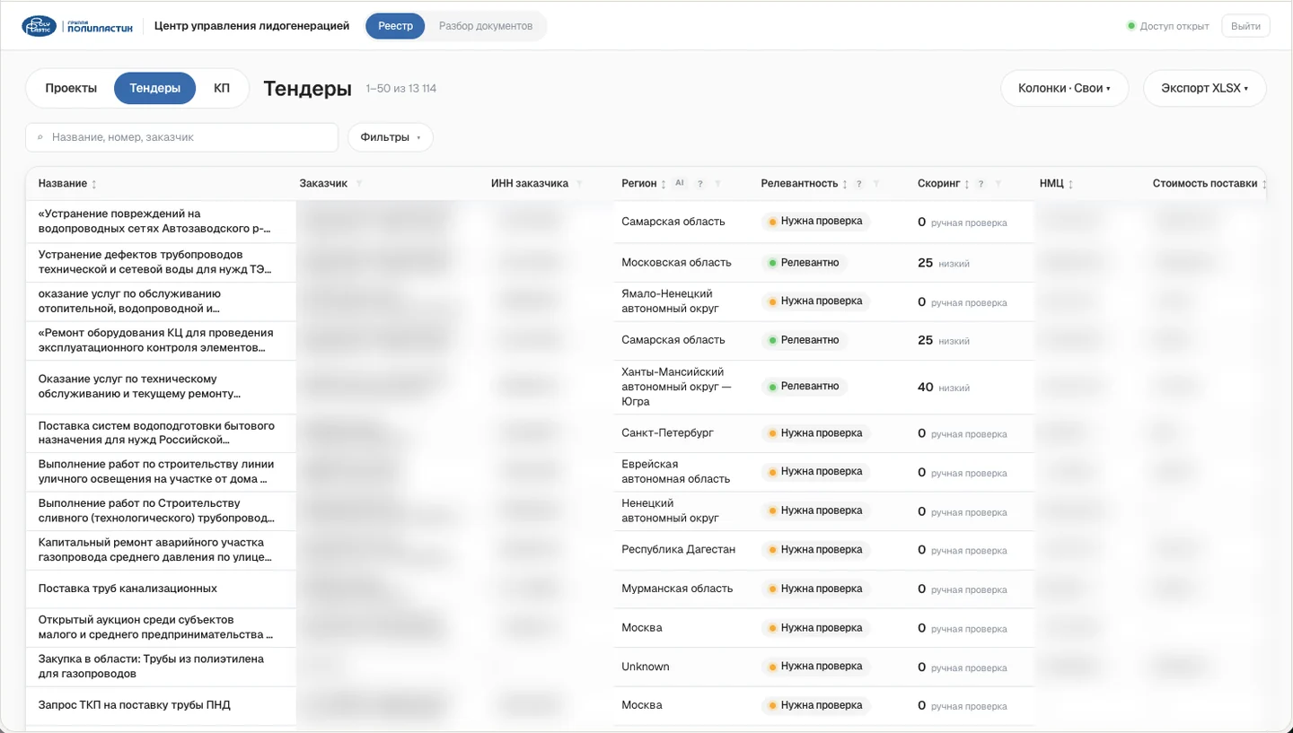 Интерфейс тендерного агента: список закупок с оценкой релевантности и скорингом