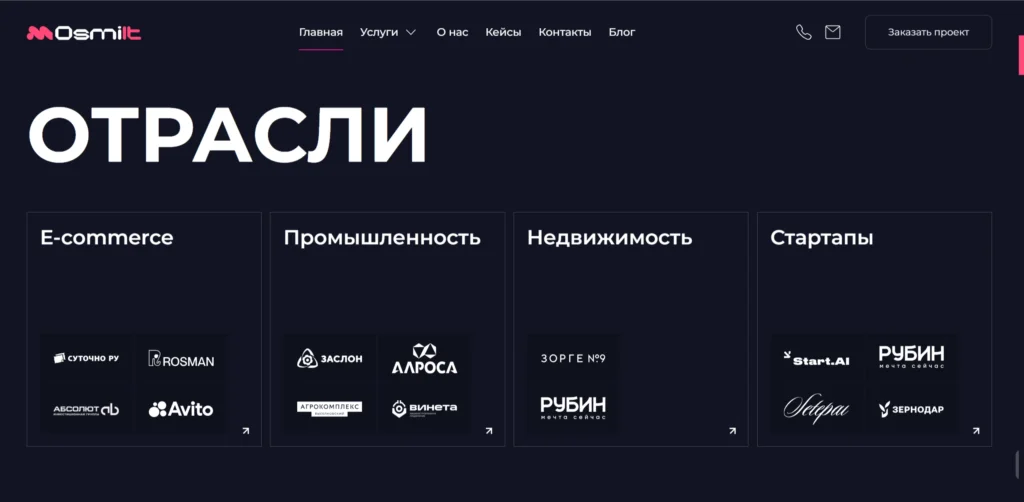 Отрасли OSMI IT: e-commerce, промышленность, недвижимость. Клиенты: Avito, Алроса, Агрокомплекс.
